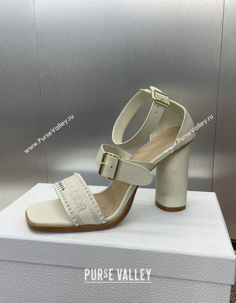 Dior Dway Heeled Sandals 9.5cm in White Calfskin and Embroidered Cotton with Pearls 2025 (JC-250220065)