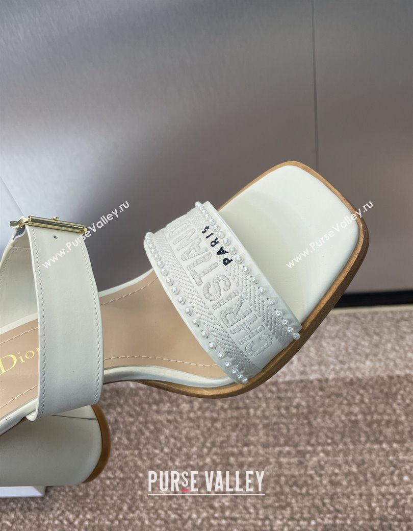Dior Dway Heeled Sandals 9.5cm in White Calfskin and Embroidered Cotton with Pearls 2025 (JC-250220065)