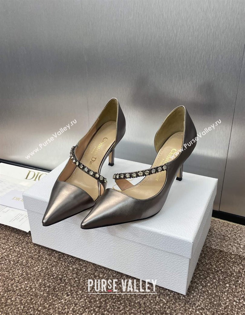 Dior Metallic Leather Pumps 7cm with Strass Strap Grey 2025 0220 (JC-250220050)