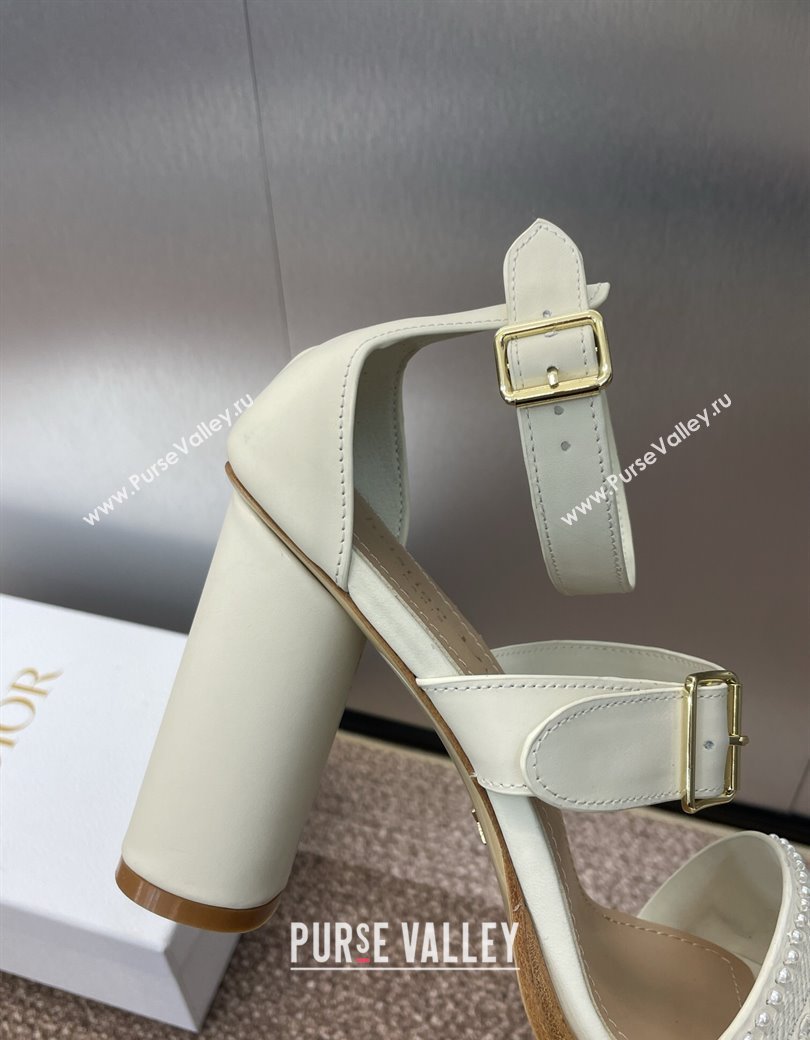 Dior Dway Heeled Sandals 9.5cm in White Calfskin and Embroidered Cotton with Pearls 2025 (JC-250220065)