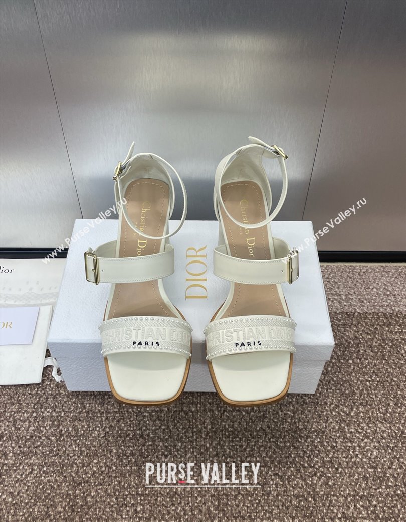 Dior Dway Heeled Sandals 7.5cm in White Calfskin and Embroidered Cotton with Pearls 2025 (JC-250220066)