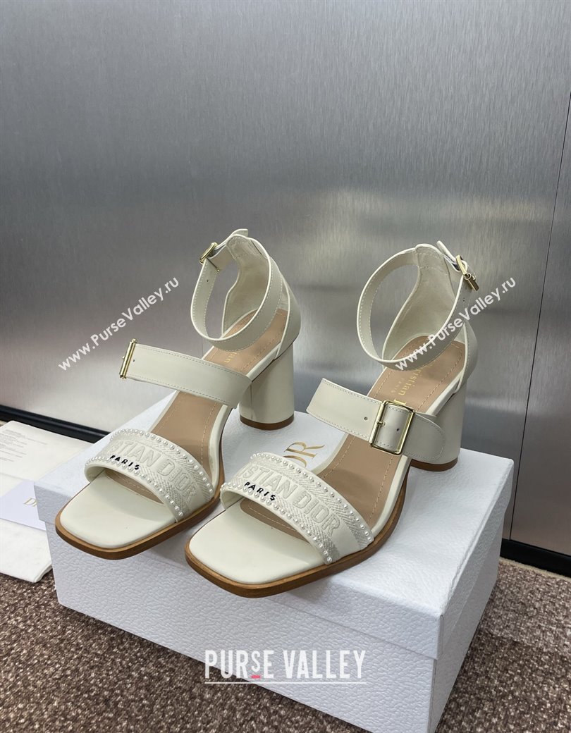 Dior Dway Heeled Sandals 7.5cm in White Calfskin and Embroidered Cotton with Pearls 2025 (JC-250220066)