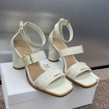 Dior Dway Heeled Sandals 7.5cm in White Calfskin and Embroidered Cotton with Pearls 2025 (JC-250220066)