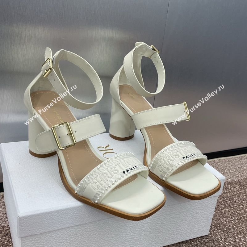 Dior Dway Heeled Sandals 7.5cm in White Calfskin and Embroidered Cotton with Pearls 2025 (JC-250220066)