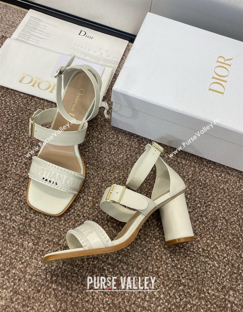Dior Dway Heeled Sandals 7.5cm in White Calfskin and Embroidered Cotton with Pearls 2025 (JC-250220066)