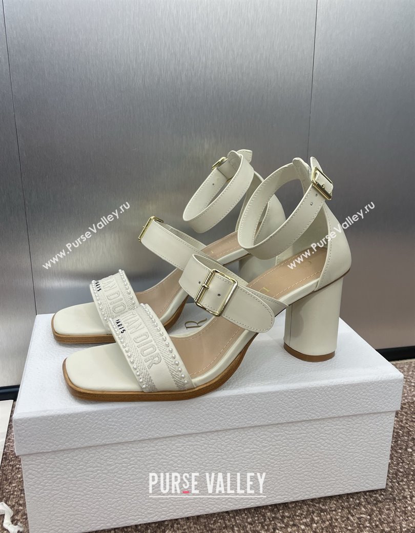 Dior Dway Heeled Sandals 7.5cm in White Calfskin and Embroidered Cotton with Pearls 2025 (JC-250220066)