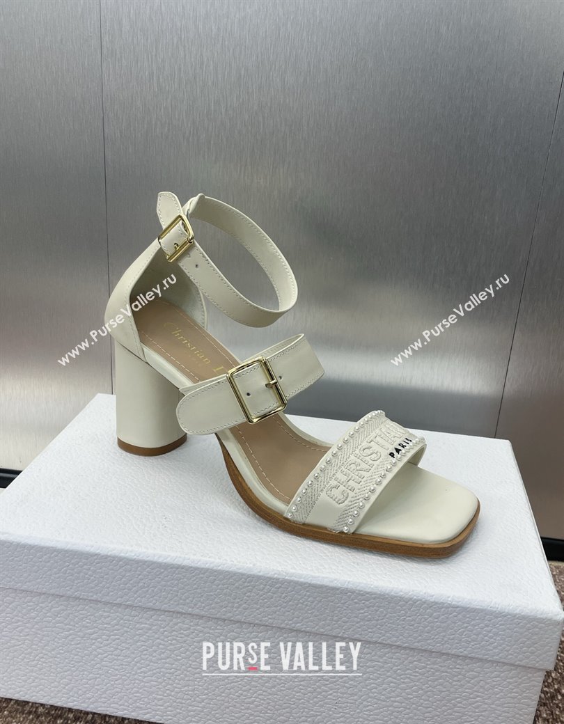 Dior Dway Heeled Sandals 7.5cm in White Calfskin and Embroidered Cotton with Pearls 2025 (JC-250220066)