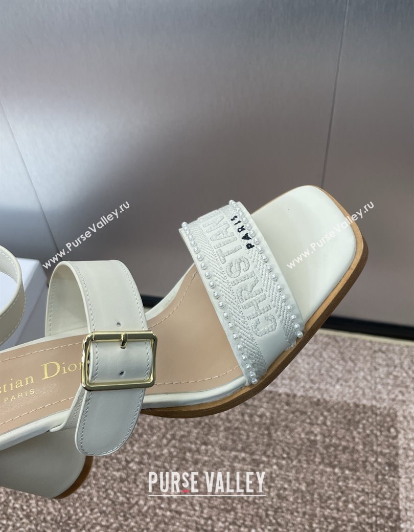 Dior Dway Heeled Sandals 7.5cm in White Calfskin and Embroidered Cotton with Pearls 2025 (JC-250220066)