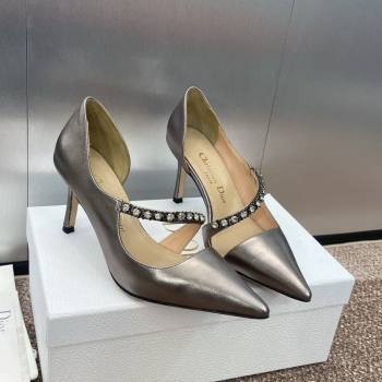 Dior Metallic Leather Pumps 7cm with Strass Strap Grey 2025 0220 (JC-250220050)