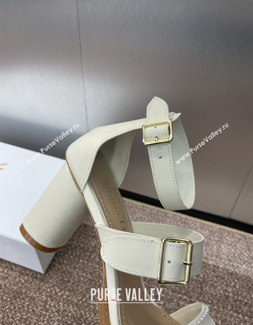Dior Dway Heeled Sandals 7.5cm in White Calfskin and Embroidered Cotton with Pearls 2025 (JC-250220066)