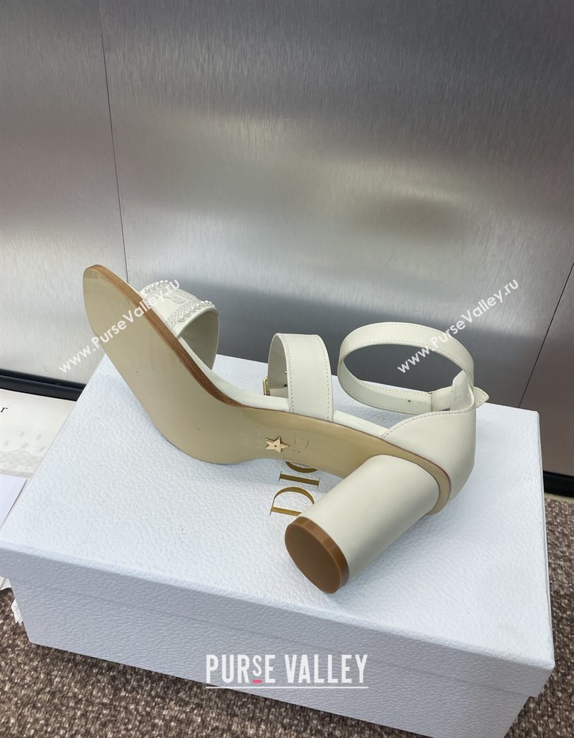 Dior Dway Heeled Sandals 7.5cm in White Calfskin and Embroidered Cotton with Pearls 2025 (JC-250220066)