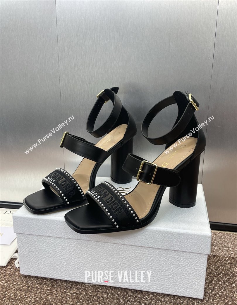 Dior Dway Heeled Sandals 9.5cm in Black Calfskin and Embroidered Cotton with Pearls 2025 (JC-250220067)