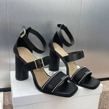Dior Dway Heeled Sandals 9.5cm in Black Calfskin and Embroidered Cotton with Pearls 2025 (JC-250220067)