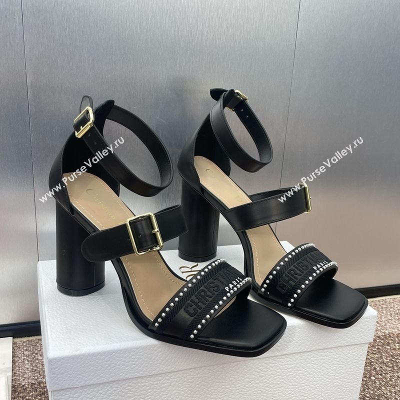 Dior Dway Heeled Sandals 9.5cm in Black Calfskin and Embroidered Cotton with Pearls 2025 (JC-250220067)
