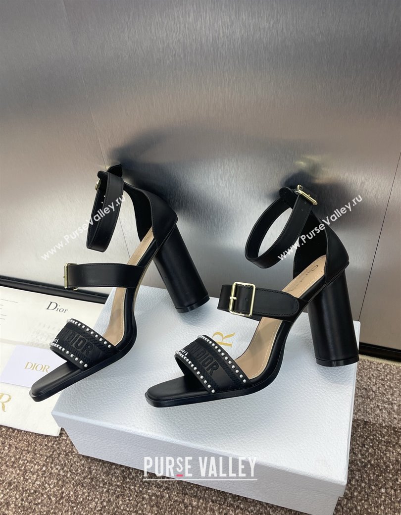 Dior Dway Heeled Sandals 9.5cm in Black Calfskin and Embroidered Cotton with Pearls 2025 (JC-250220067)