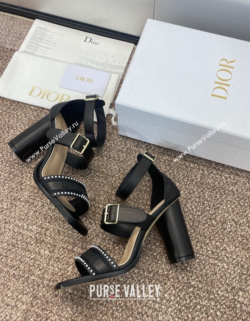 Dior Dway Heeled Sandals 9.5cm in Black Calfskin and Embroidered Cotton with Pearls 2025 (JC-250220067)