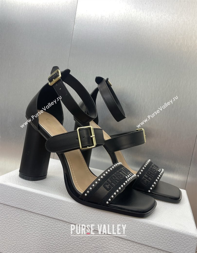 Dior Dway Heeled Sandals 9.5cm in Black Calfskin and Embroidered Cotton with Pearls 2025 (JC-250220067)