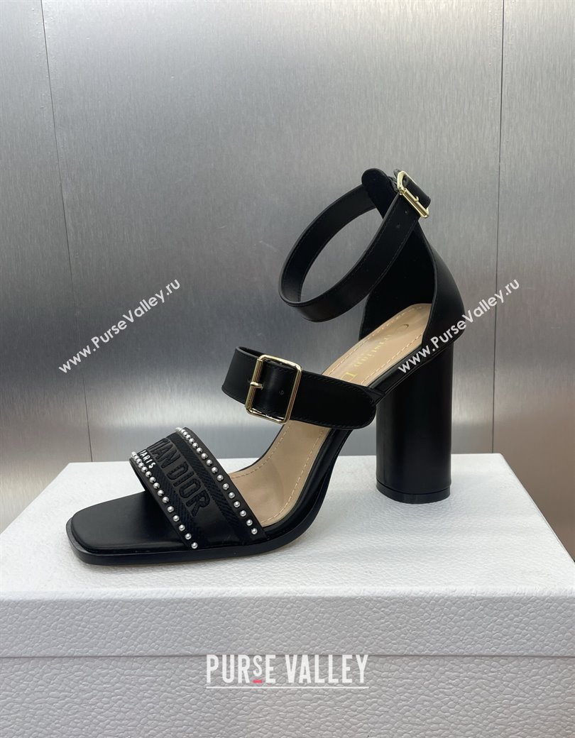 Dior Dway Heeled Sandals 9.5cm in Black Calfskin and Embroidered Cotton with Pearls 2025 (JC-250220067)