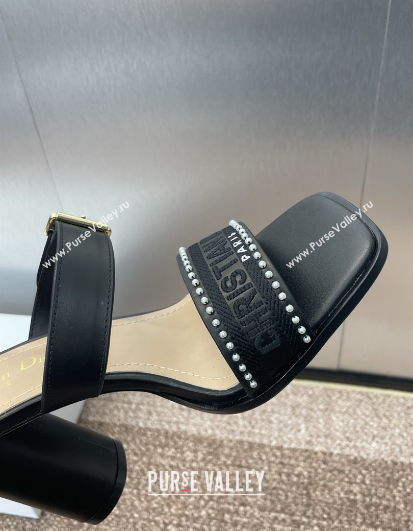 Dior Dway Heeled Sandals 9.5cm in Black Calfskin and Embroidered Cotton with Pearls 2025 (JC-250220067)