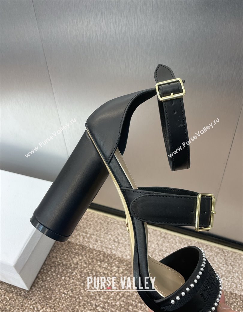 Dior Dway Heeled Sandals 9.5cm in Black Calfskin and Embroidered Cotton with Pearls 2025 (JC-250220067)