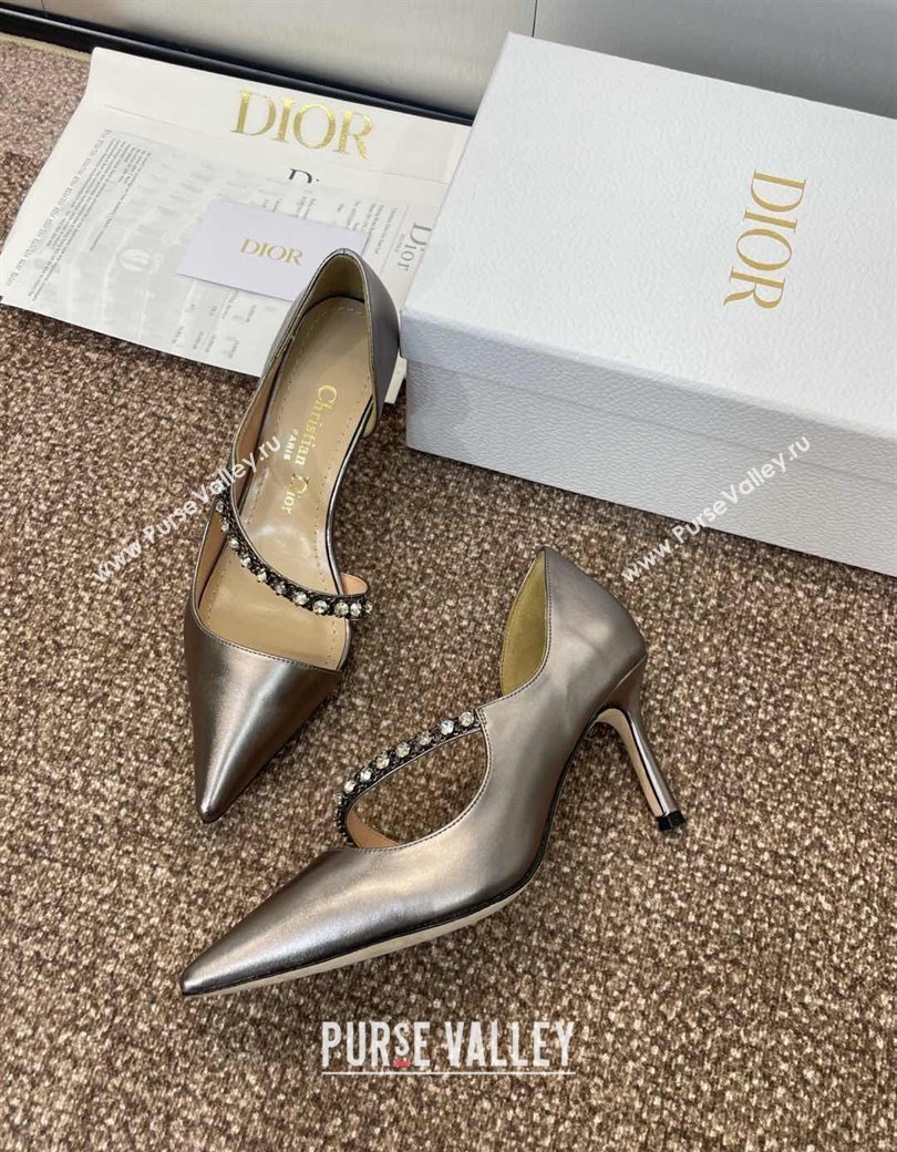 Dior Metallic Leather Pumps 7cm with Strass Strap Grey 2025 0220 (JC-250220050)