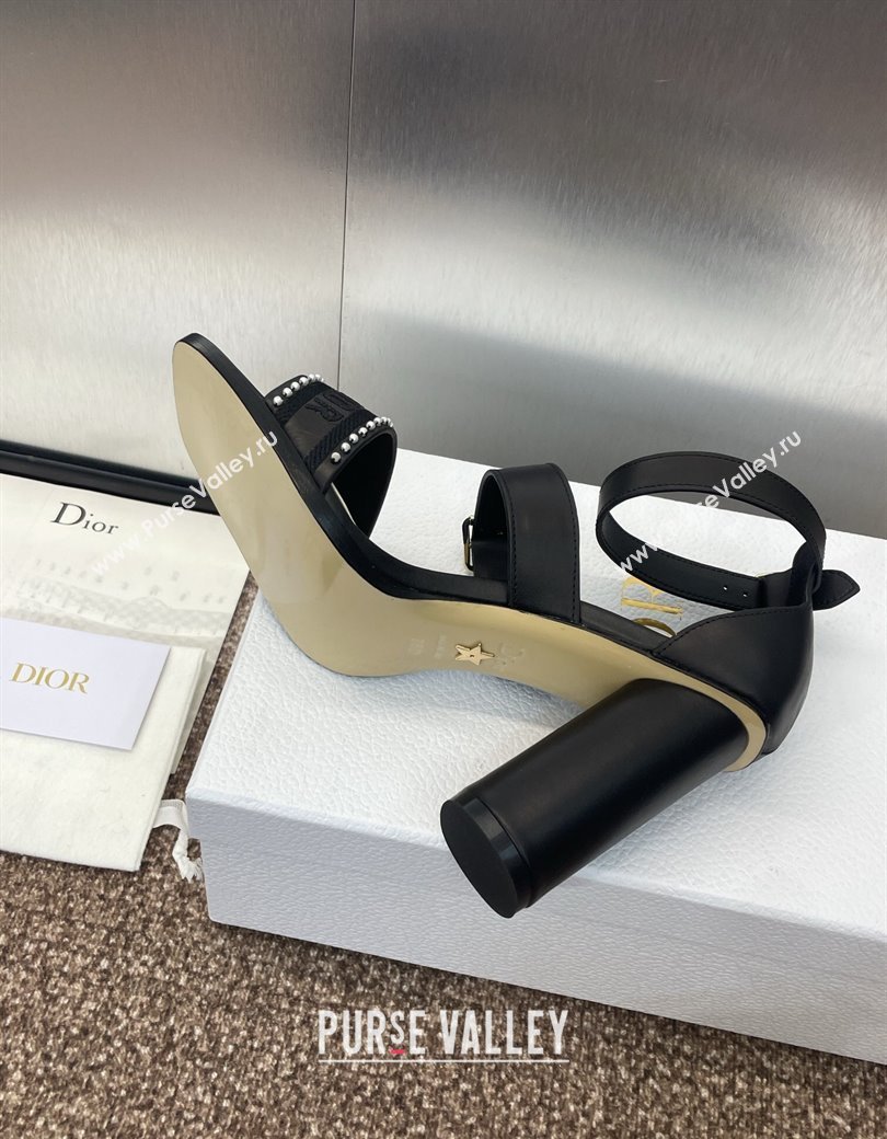 Dior Dway Heeled Sandals 9.5cm in Black Calfskin and Embroidered Cotton with Pearls 2025 (JC-250220067)