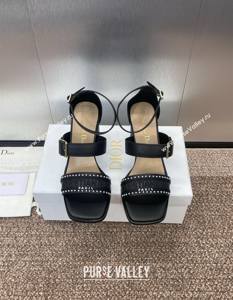 Dior Dway Heeled Sandals 7.5cm in Black Calfskin and Embroidered Cotton with Pearls 2025 (JC-250220068)