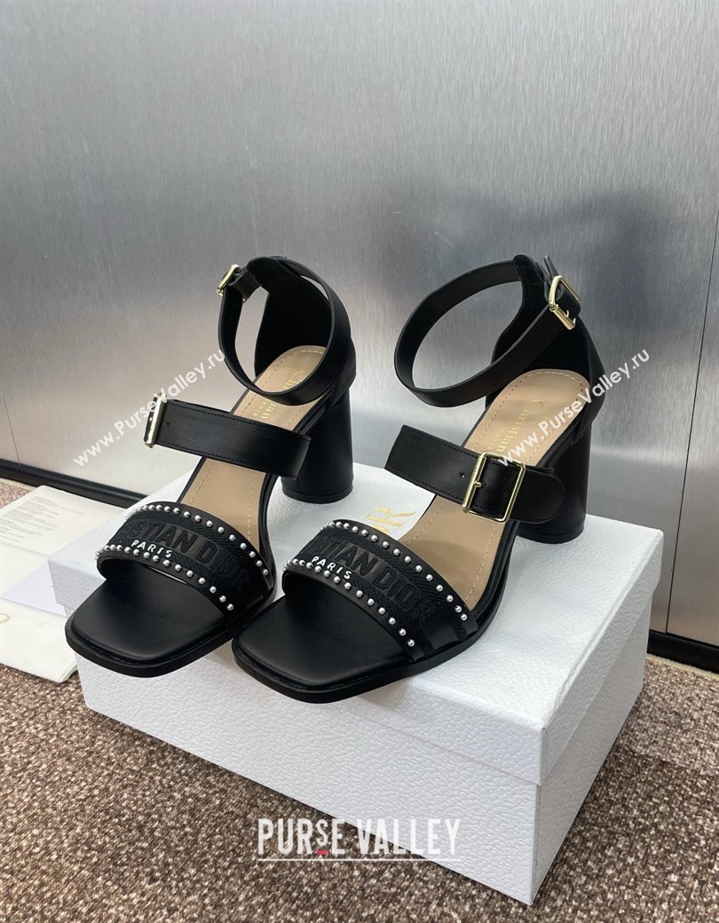 Dior Dway Heeled Sandals 7.5cm in Black Calfskin and Embroidered Cotton with Pearls 2025 (JC-250220068)