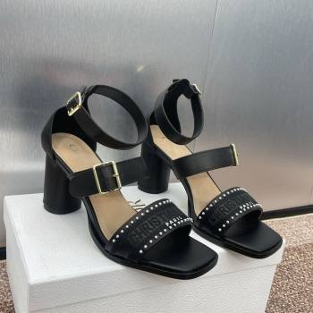 Dior Dway Heeled Sandals 7.5cm in Black Calfskin and Embroidered Cotton with Pearls 2025 (JC-250220068)