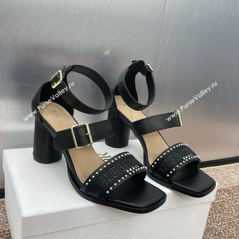 Dior Dway Heeled Sandals 7.5cm in Black Calfskin and Embroidered Cotton with Pearls 2025 (JC-250220068)