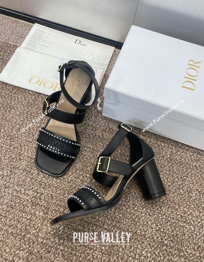 Dior Dway Heeled Sandals 7.5cm in Black Calfskin and Embroidered Cotton with Pearls 2025 (JC-250220068)