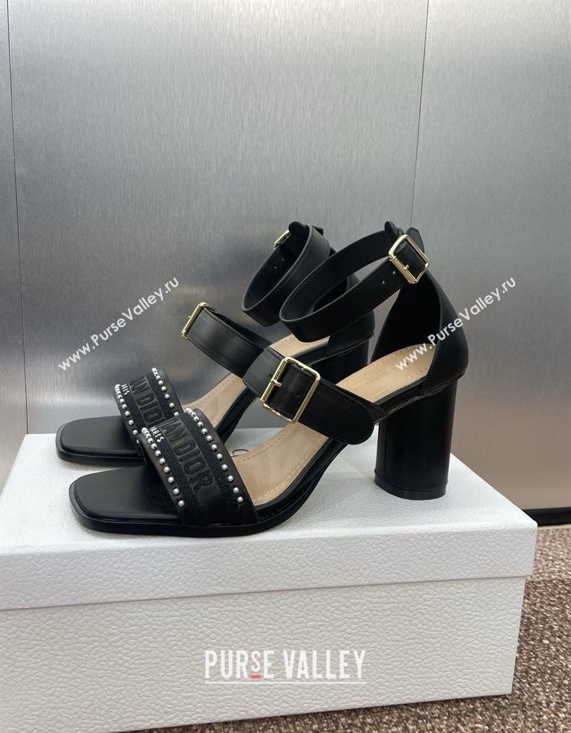 Dior Dway Heeled Sandals 7.5cm in Black Calfskin and Embroidered Cotton with Pearls 2025 (JC-250220068)