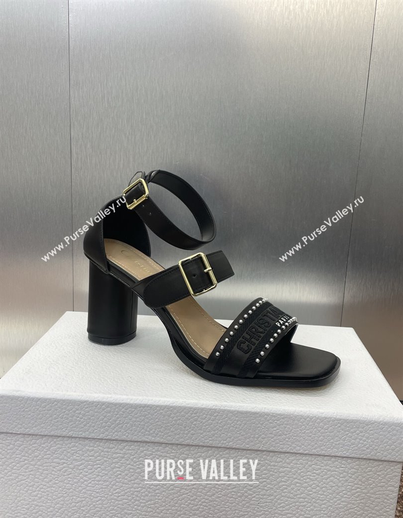 Dior Dway Heeled Sandals 7.5cm in Black Calfskin and Embroidered Cotton with Pearls 2025 (JC-250220068)
