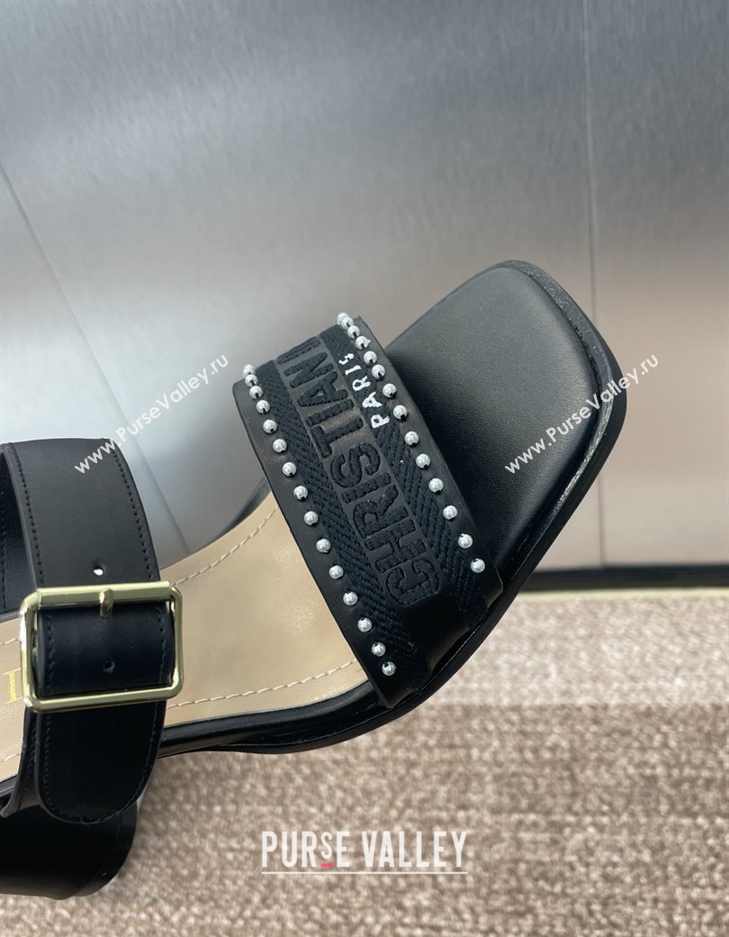 Dior Dway Heeled Sandals 7.5cm in Black Calfskin and Embroidered Cotton with Pearls 2025 (JC-250220068)