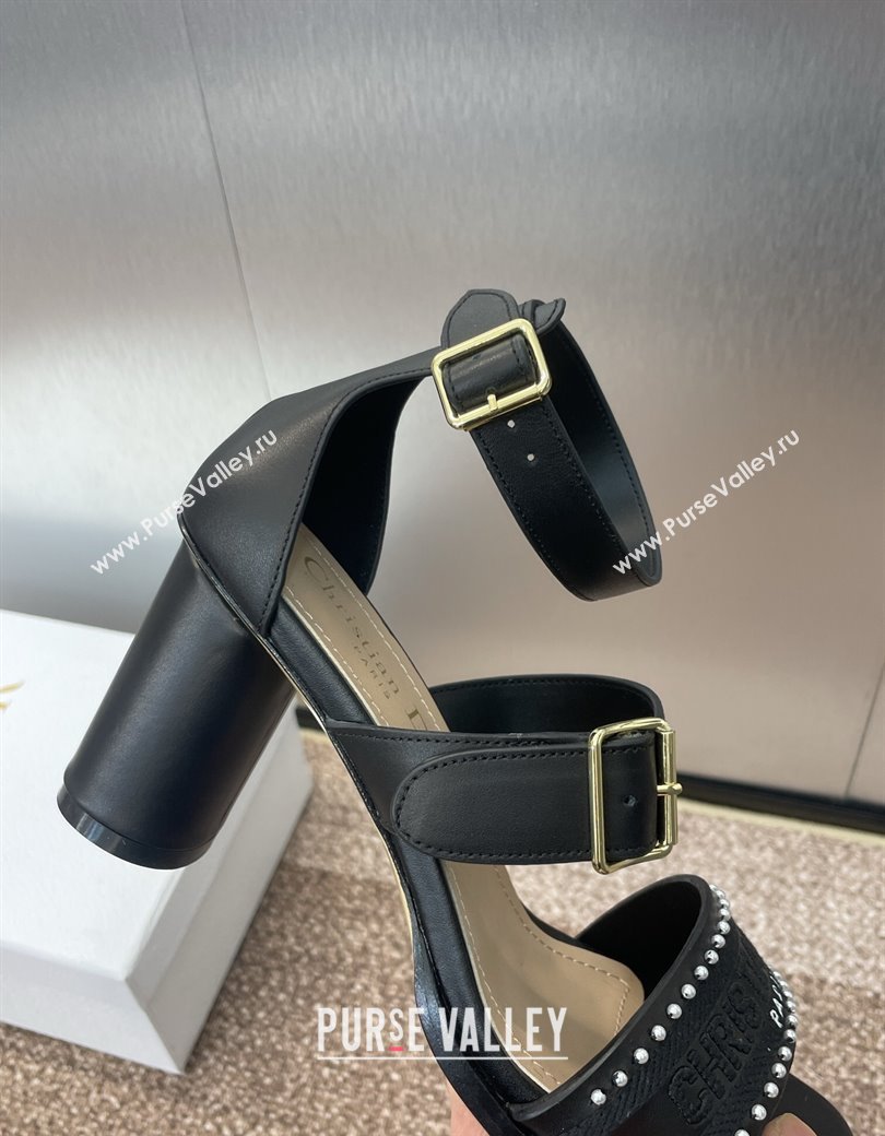 Dior Dway Heeled Sandals 7.5cm in Black Calfskin and Embroidered Cotton with Pearls 2025 (JC-250220068)