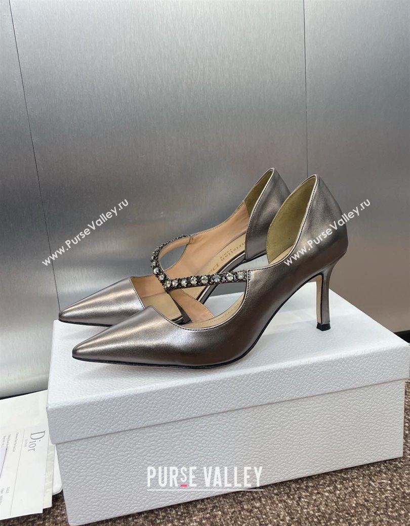 Dior Metallic Leather Pumps 7cm with Strass Strap Grey 2025 0220 (JC-250220050)