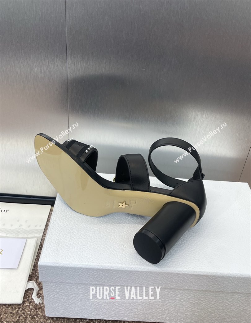 Dior Dway Heeled Sandals 7.5cm in Black Calfskin and Embroidered Cotton with Pearls 2025 (JC-250220068)