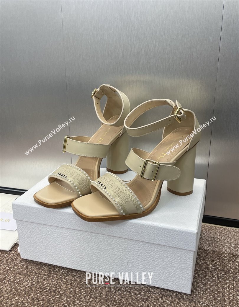 Dior Dway Heeled Sandals 9.5cm in Beige Calfskin and Embroidered Cotton with Pearls 2025 (JC-250220069)