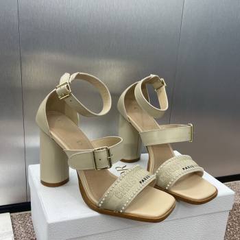 Dior Dway Heeled Sandals 9.5cm in Beige Calfskin and Embroidered Cotton with Pearls 2025 (JC-250220069)