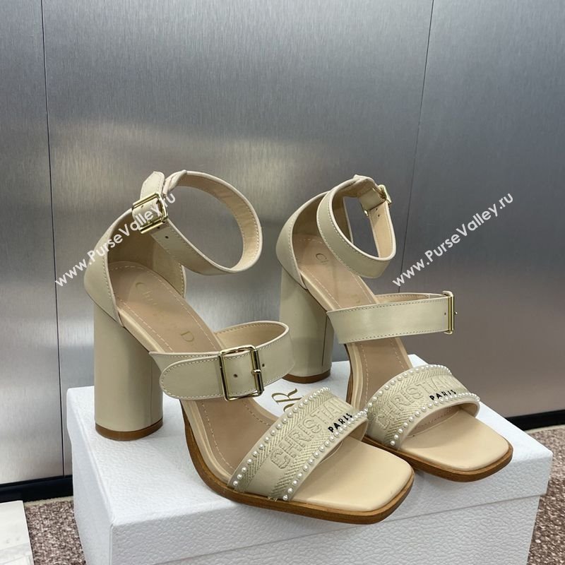 Dior Dway Heeled Sandals 9.5cm in Beige Calfskin and Embroidered Cotton with Pearls 2025 (JC-250220069)