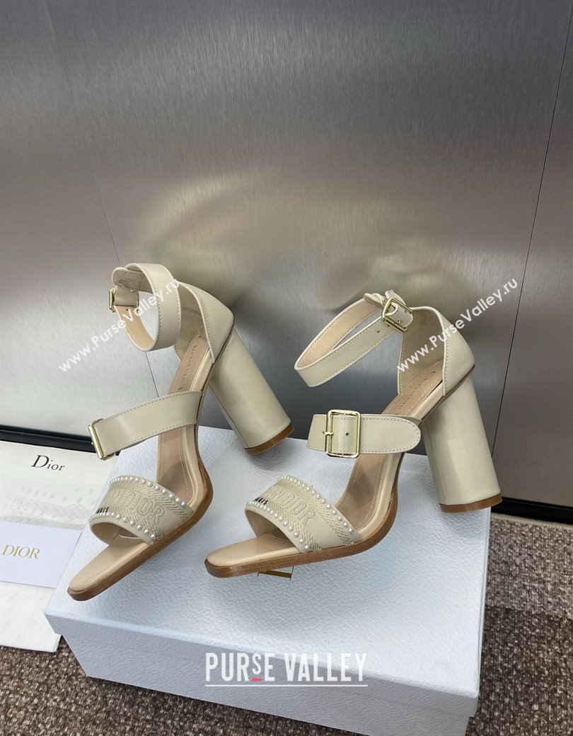 Dior Dway Heeled Sandals 9.5cm in Beige Calfskin and Embroidered Cotton with Pearls 2025 (JC-250220069)