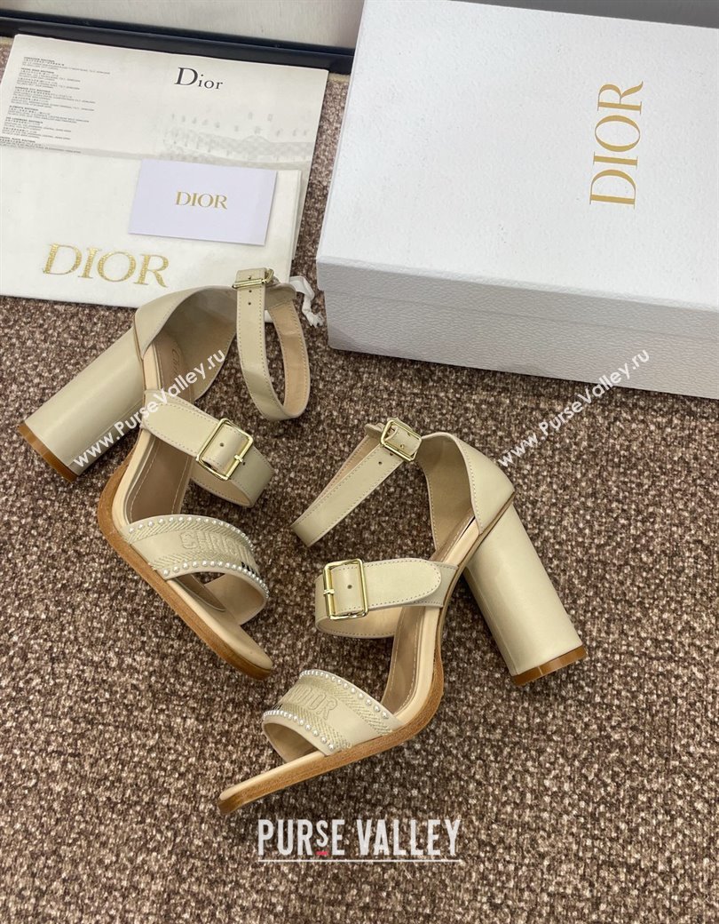 Dior Dway Heeled Sandals 9.5cm in Beige Calfskin and Embroidered Cotton with Pearls 2025 (JC-250220069)