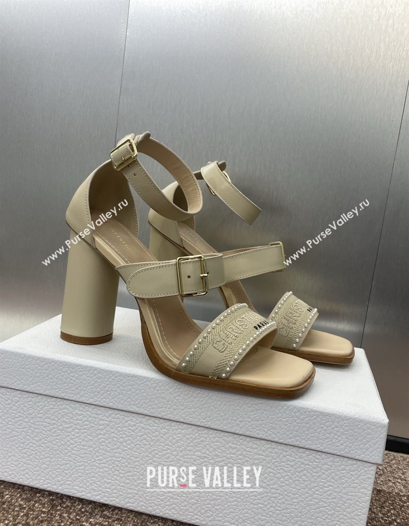 Dior Dway Heeled Sandals 9.5cm in Beige Calfskin and Embroidered Cotton with Pearls 2025 (JC-250220069)