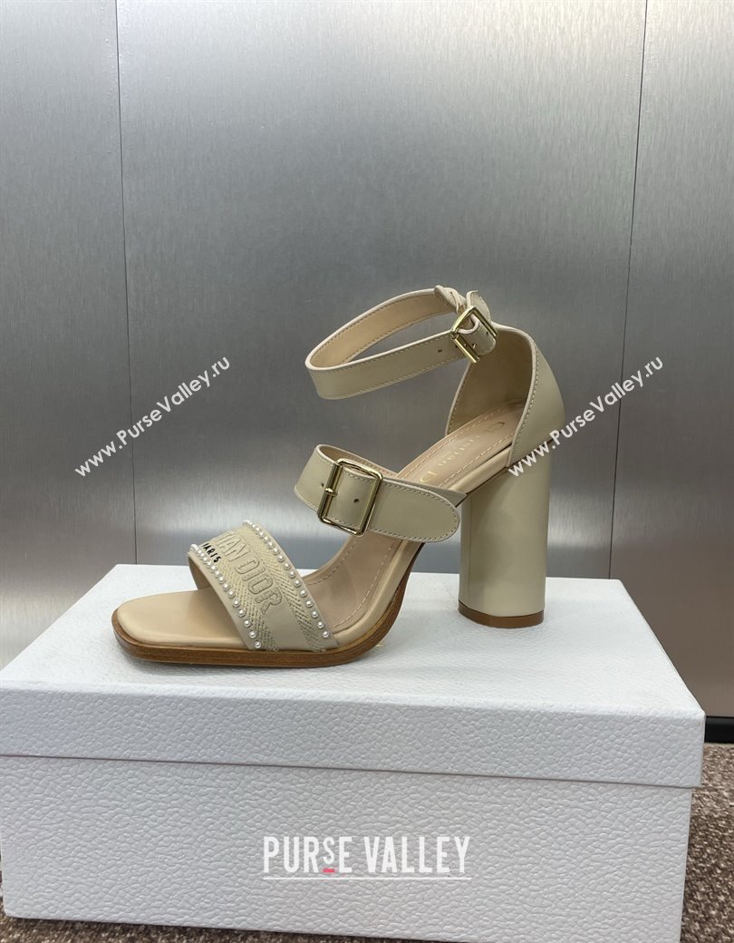 Dior Dway Heeled Sandals 9.5cm in Beige Calfskin and Embroidered Cotton with Pearls 2025 (JC-250220069)