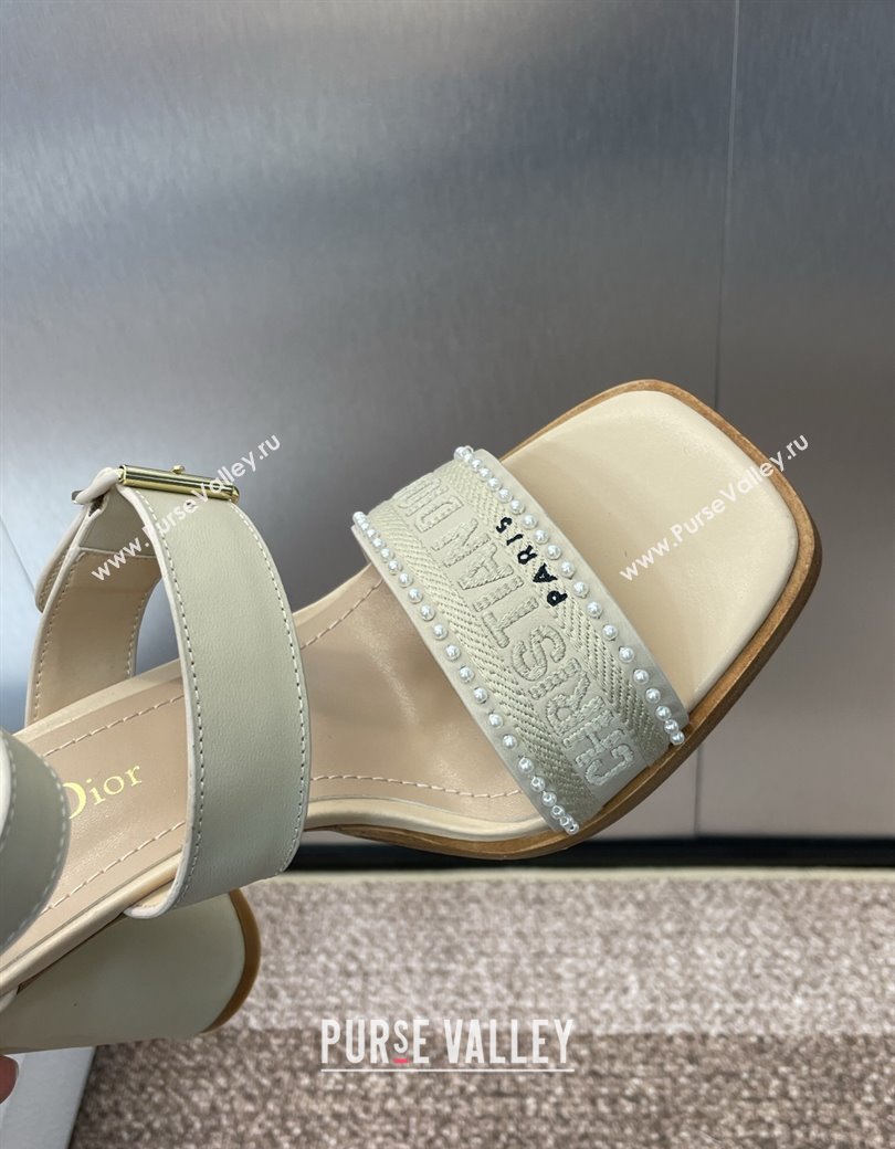 Dior Dway Heeled Sandals 9.5cm in Beige Calfskin and Embroidered Cotton with Pearls 2025 (JC-250220069)