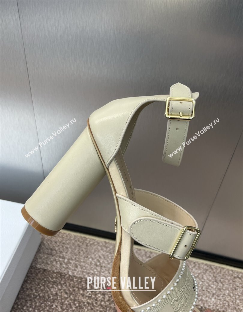 Dior Dway Heeled Sandals 9.5cm in Beige Calfskin and Embroidered Cotton with Pearls 2025 (JC-250220069)