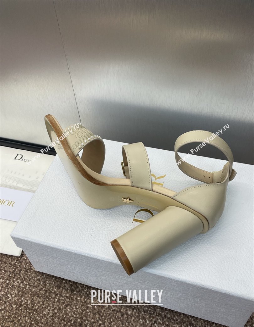 Dior Dway Heeled Sandals 9.5cm in Beige Calfskin and Embroidered Cotton with Pearls 2025 (JC-250220069)
