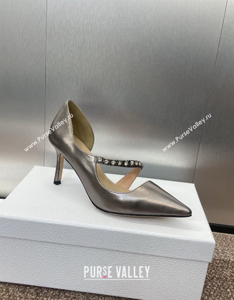 Dior Metallic Leather Pumps 7cm with Strass Strap Grey 2025 0220 (JC-250220050)