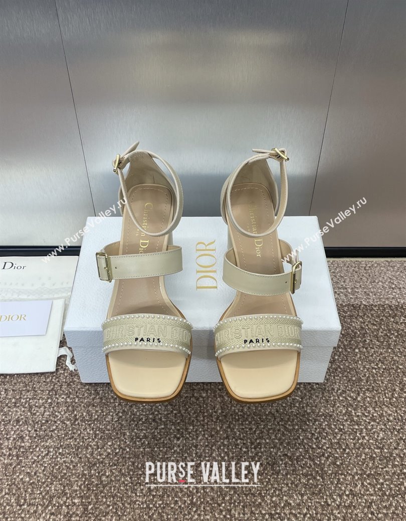 Dior Dway Heeled Sandals 7.5cm in Beige Calfskin and Embroidered Cotton with Pearls 2025 (JC-250220070)