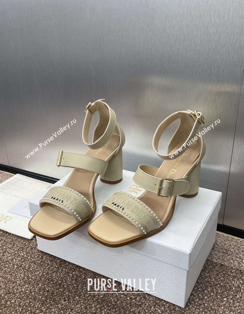 Dior Dway Heeled Sandals 7.5cm in Beige Calfskin and Embroidered Cotton with Pearls 2025 (JC-250220070)
